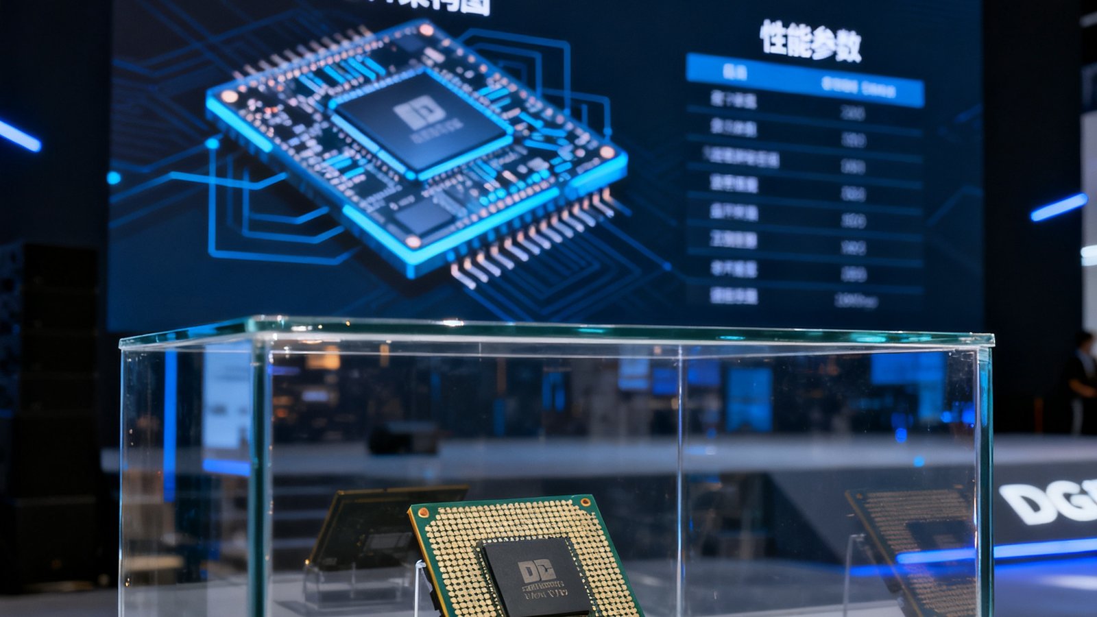 DG视讯第三代边缘AI芯片DG-V3发布会现场，芯片样品置于透明展柜中，背景大屏幕显示芯片架构图与性能参数。